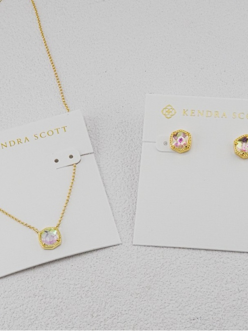 Kendra Scott Gold Necklace and Studs with Pink Iridescent Stones